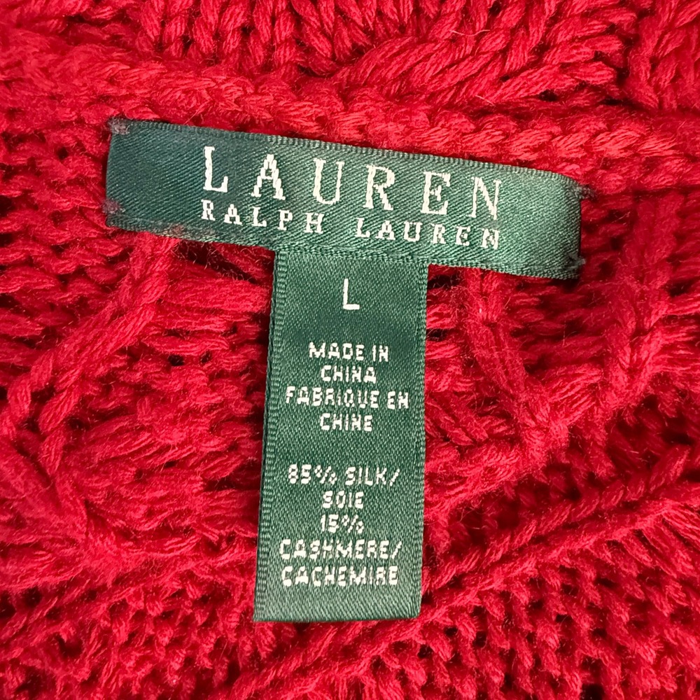 Lauren Ralph Lauren Women Cardigan Red Cable Knit Silk Cashmere Y2K 90s Large‎ - Picture 7 of 8